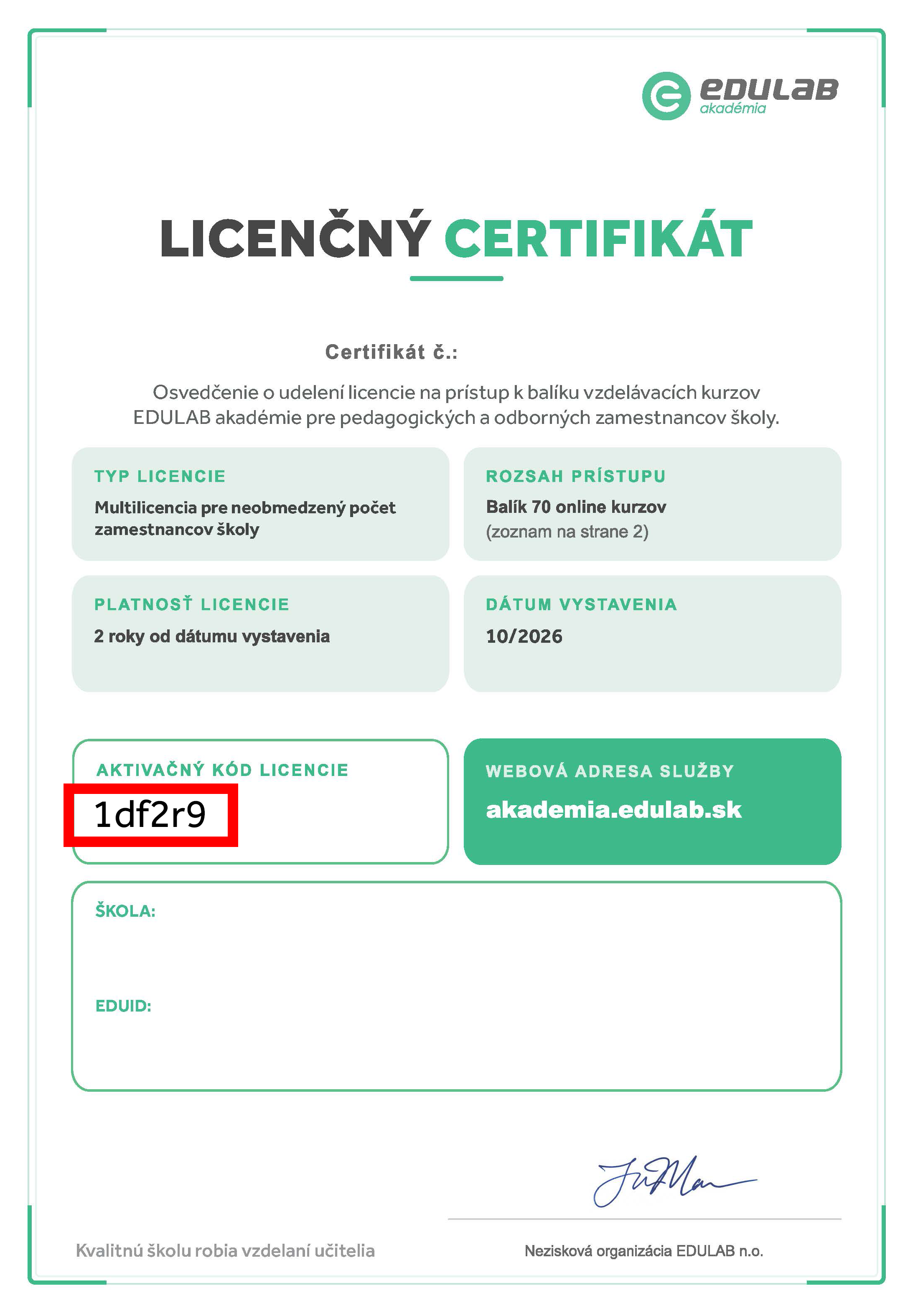 Ukážka certifikátu licencie s vyznačeným miestom aktivačného kódu
